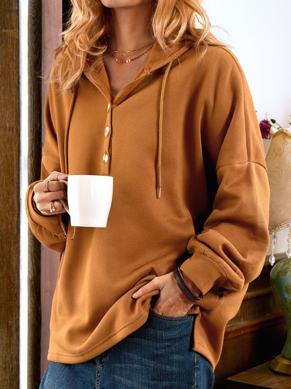 Moletom túnica feminino casual com capuz manga longa e botões