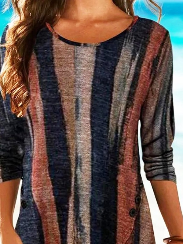 Blusa túnica feminina casual marrom manga longa com estampa listrada