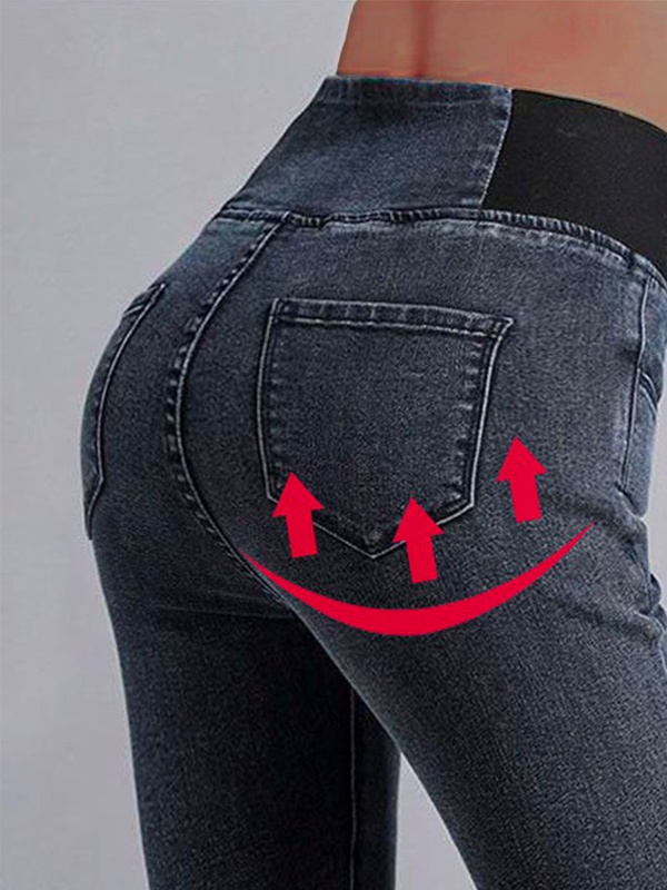 Calça jeans feminina lisa solta com cintura elástica