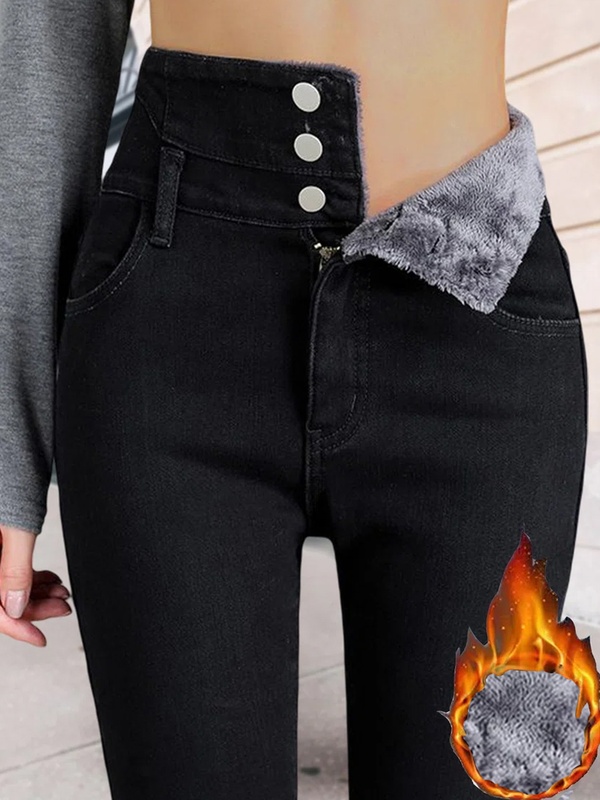 Calça jeans feminina justa casual com tecido pelúcia granulado