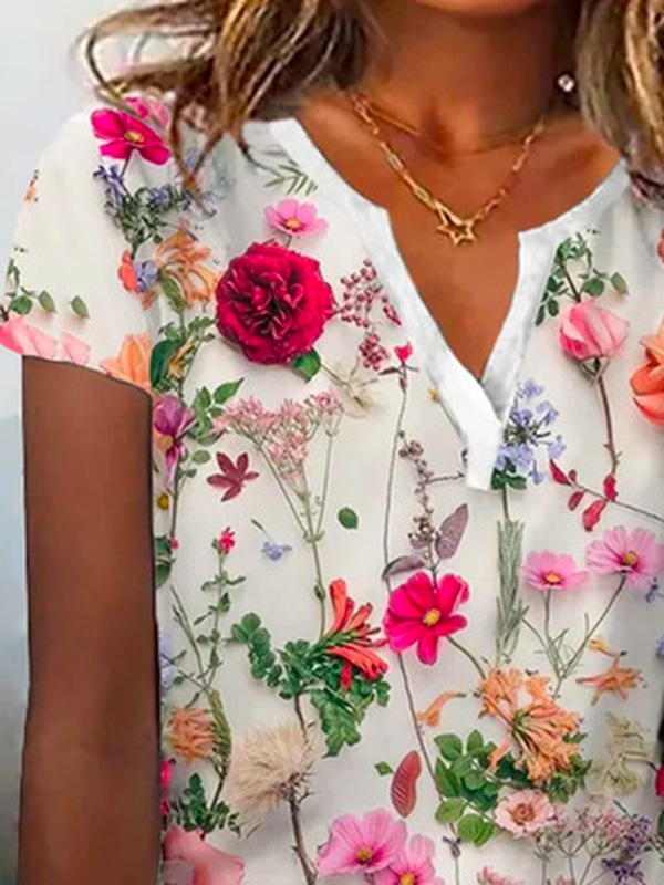 Camisa feminina casual solta decote V com estampa floral