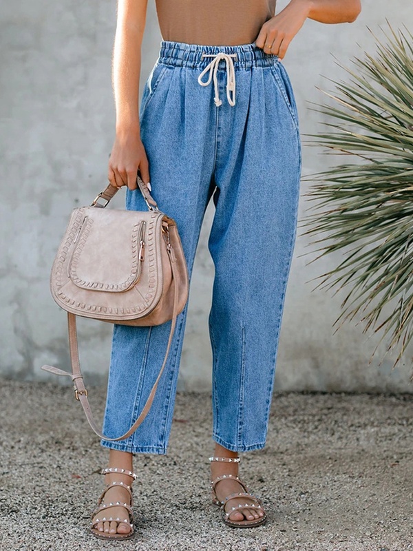 Calça jeans feminina 9/8 fashion solta com amarração, cor lisa