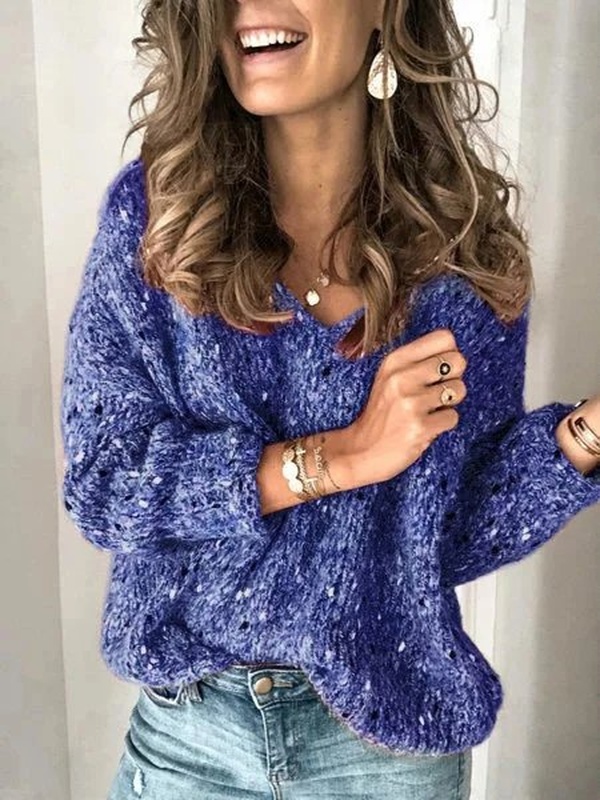 Suéter feminino decote V manga longa, mais avaliado