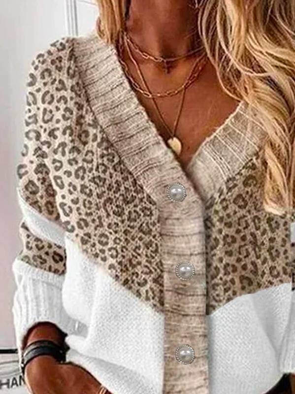 Suéter feminino solto decote V misto de algodão com estampa de leopardo