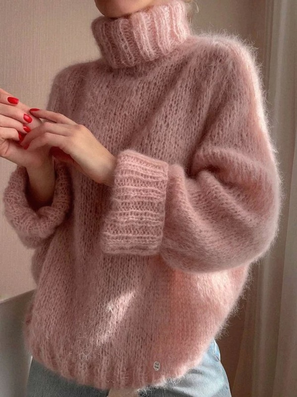 Suéter feminino casual de mohair com gola alta, manga longa