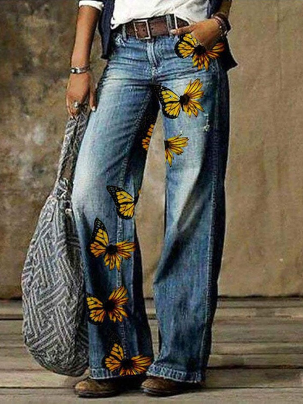 Calça jeans feminina casual solta com estampa de borboleta