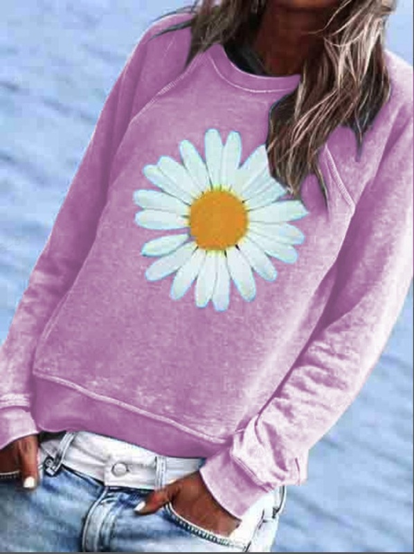 Moletom feminino casual com capuz e gola careca, estampa floral