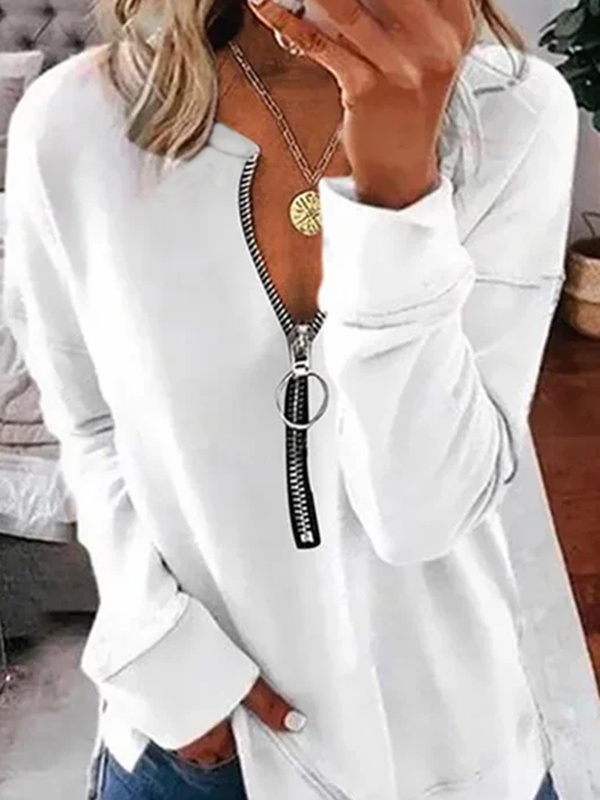 Moletom túnica feminina casual liso decote V manga longa