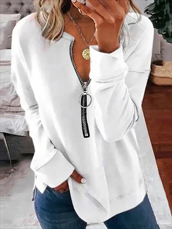 Moletom túnica feminina casual liso decote V manga longa