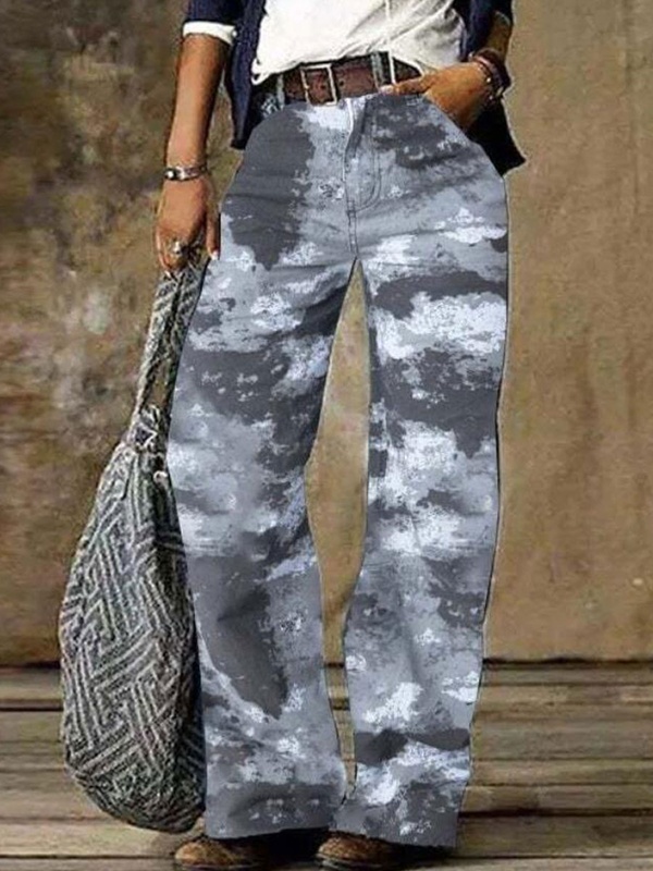 Calça jeans feminina wide leg reta casual vintage com estampa floral