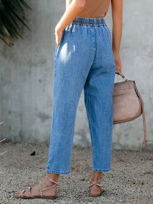 Calça jeans feminina 9/8 fashion solta com amarração, cor lisa