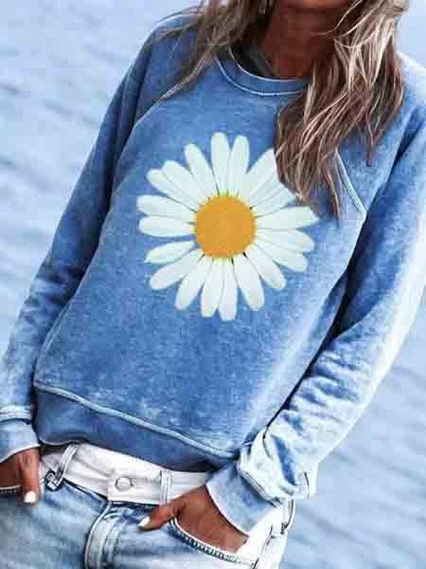 Moletom feminino casual com capuz e gola careca, estampa floral