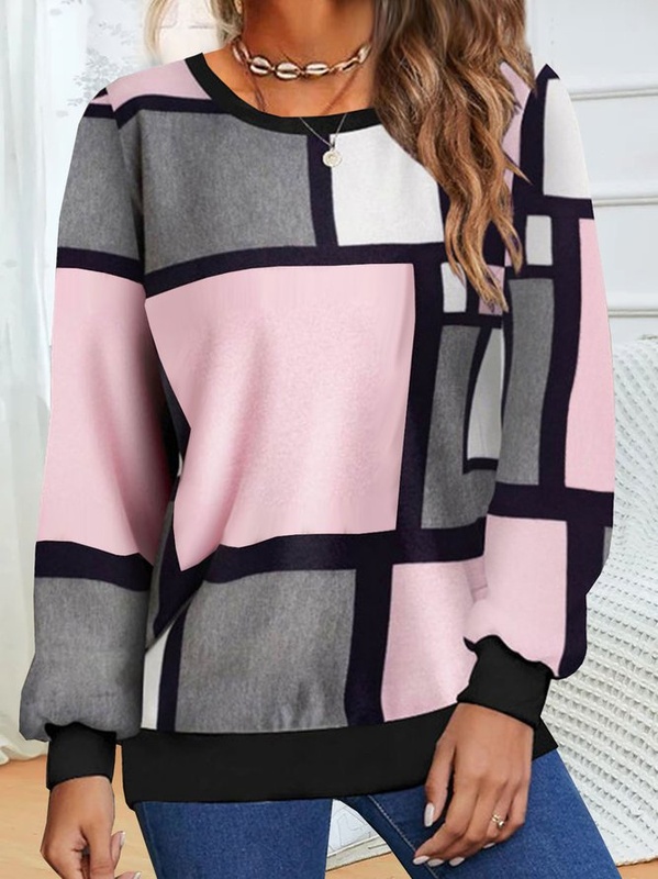 Moletom feminino casual solto gola careca com estampa geométrica