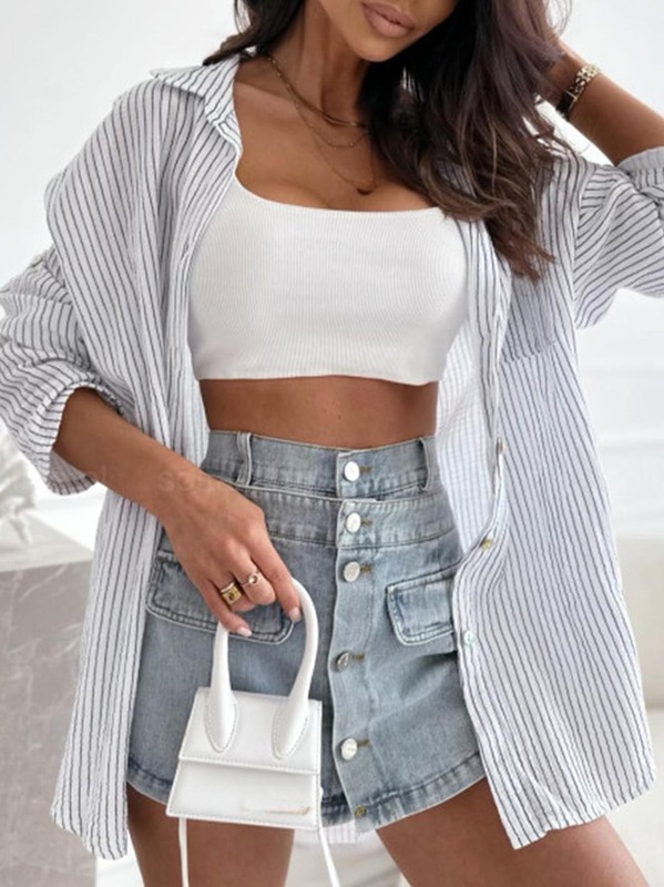 Blusa feminina casual solta listrada com gola de camisa