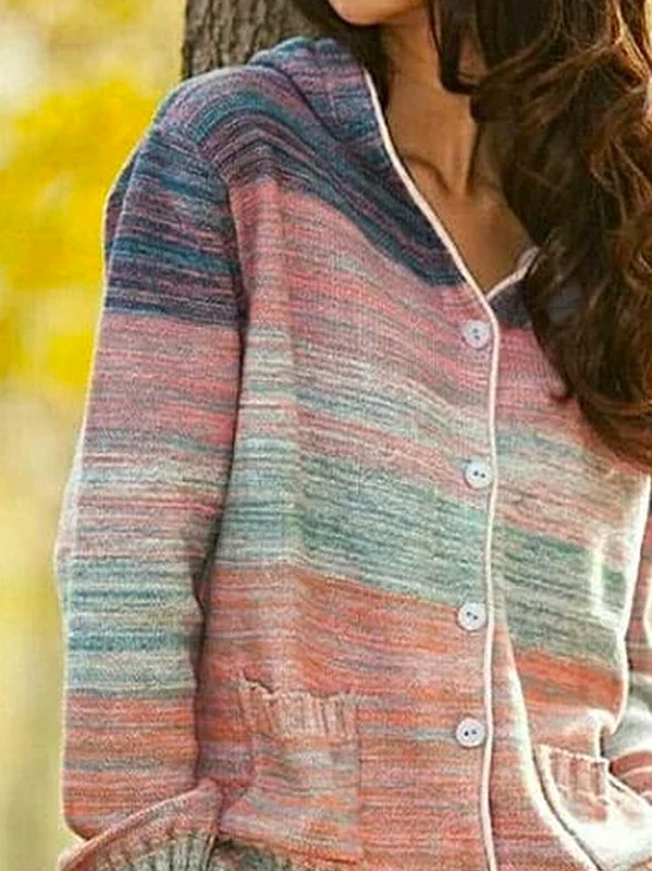 Túnica feminina listrada vintage outonal com capuz e manga longa, misto de algodão