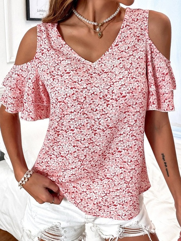 Blusa feminina casual decote V ombro a descoberto