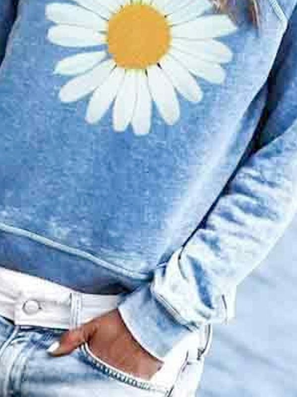 Moletom feminino casual com capuz e gola careca, estampa floral
