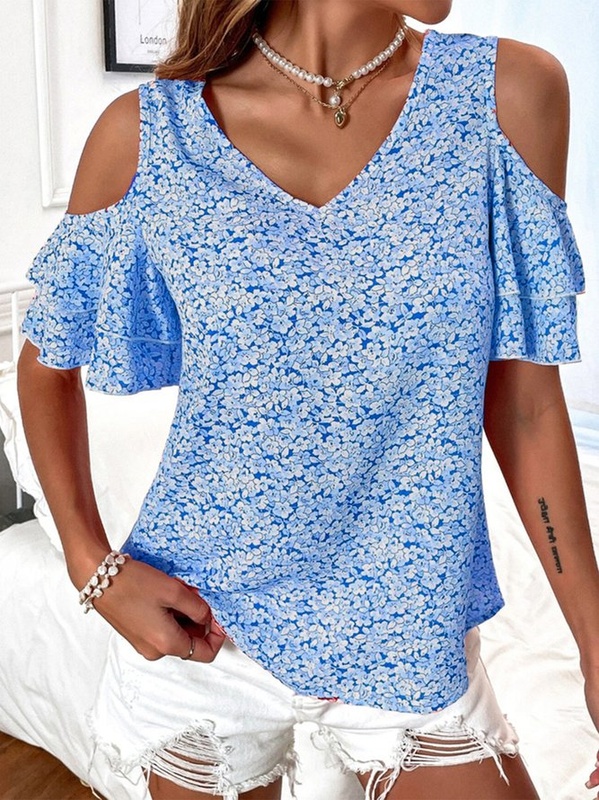 Blusa feminina casual decote V ombro a descoberto