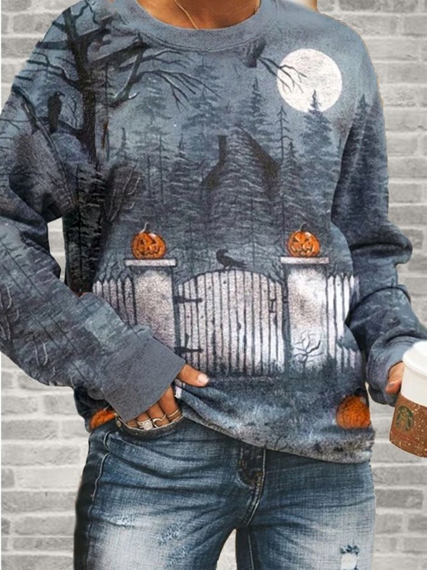 Moletom feminino externo azul claro gola careca com estampa de Halloween