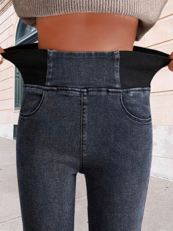 Calça jeans feminina lisa solta com cintura elástica