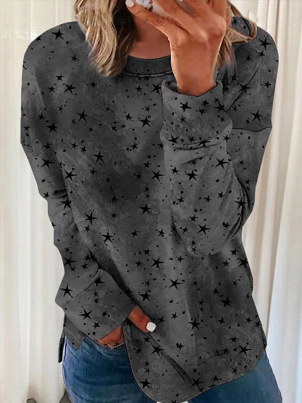 Moletom túnica feminino casual gola careca manga longa com estampa de estrelas