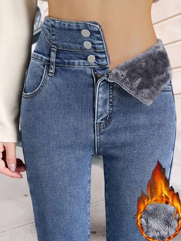 Calça jeans feminina justa casual com tecido pelúcia granulado