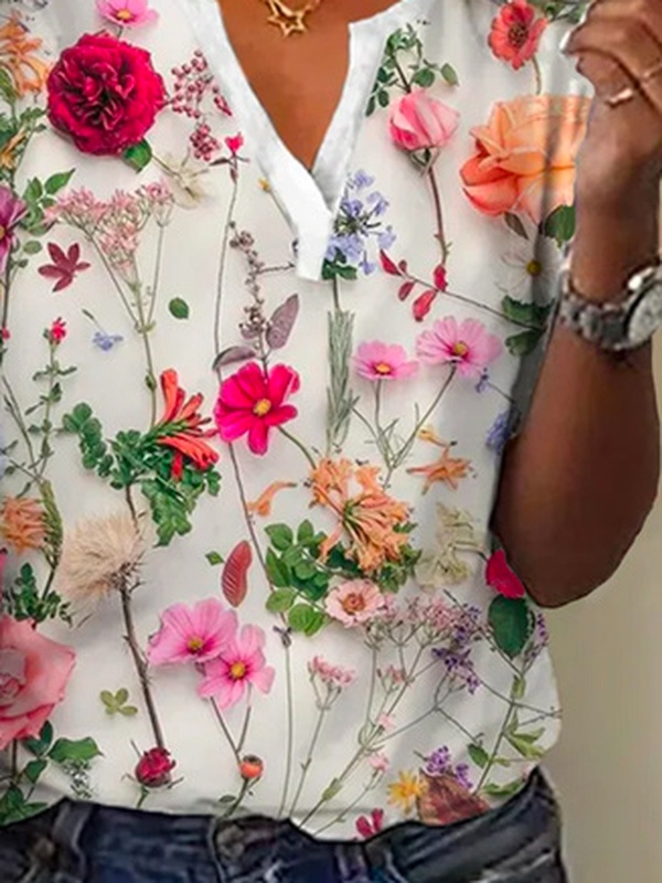 Camisa feminina casual solta decote V com estampa floral