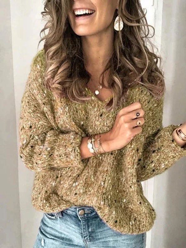Suéter feminino decote V manga longa, mais avaliado