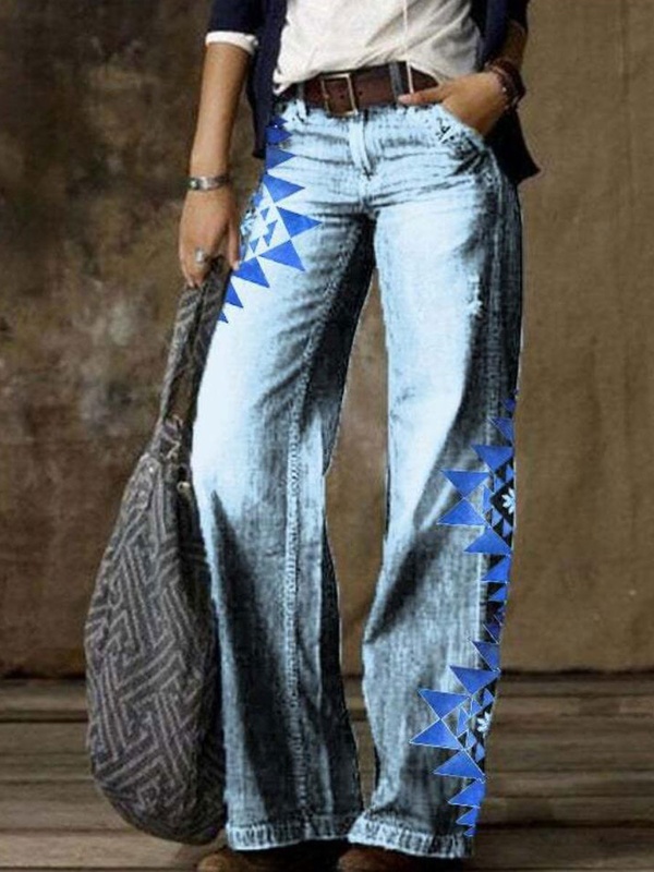 Calça jeans feminina wide leg reta casual vintage com estampa floral