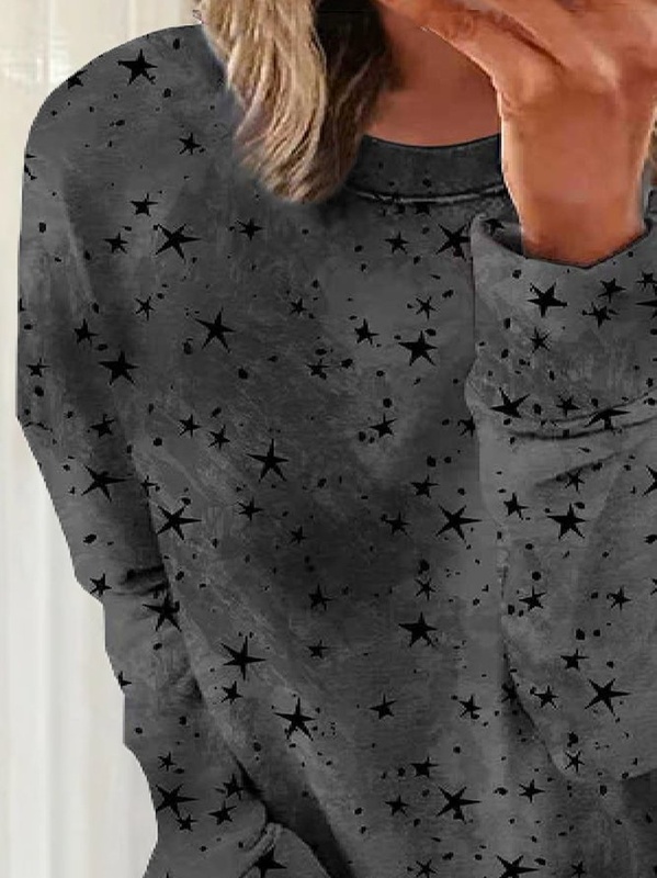 Moletom túnica feminino casual gola careca manga longa com estampa de estrelas