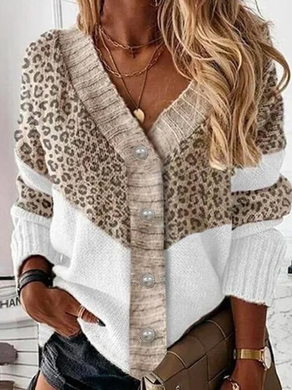 Suéter feminino solto decote V misto de algodão com estampa de leopardo