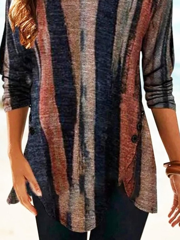 Blusa túnica feminina casual marrom manga longa com estampa listrada