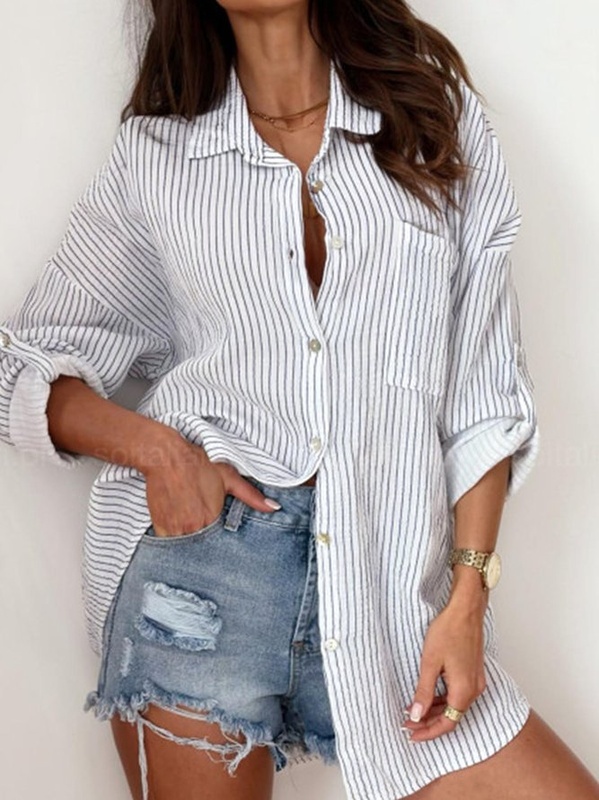 Blusa feminina casual solta listrada com gola de camisa