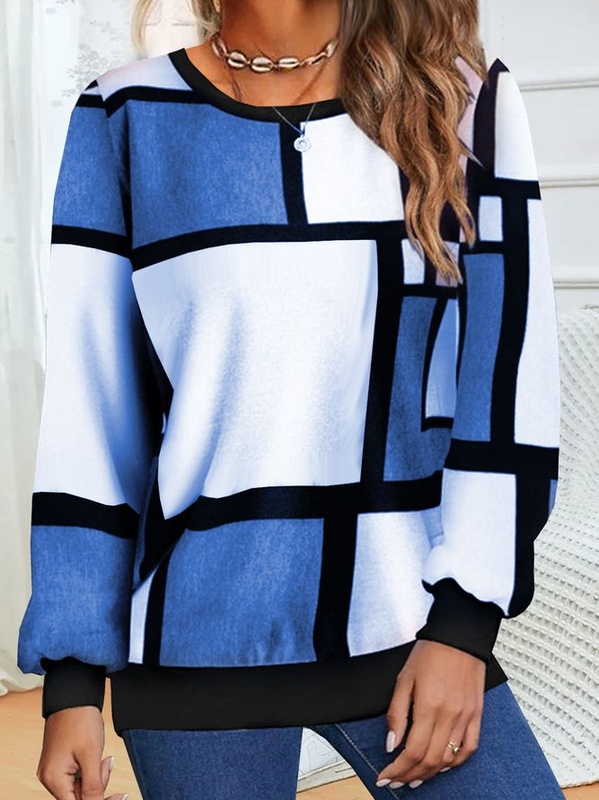 Moletom feminino casual solto gola careca com estampa geométrica