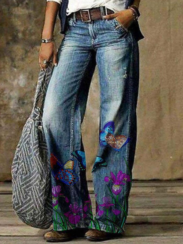 Calça jeans feminina casual solta com estampa de borboleta