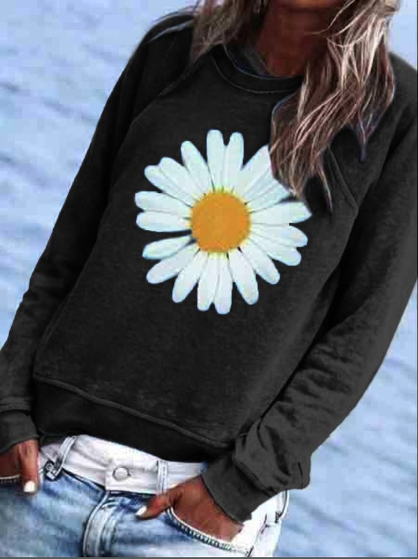 Moletom feminino casual com capuz e gola careca, estampa floral