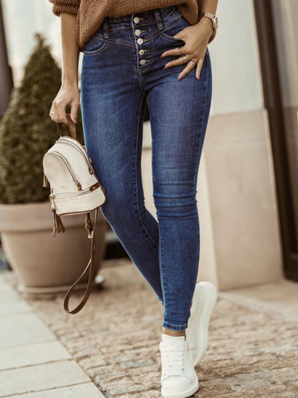 Calça jeans feminina slim azul escuro stretch com botões
