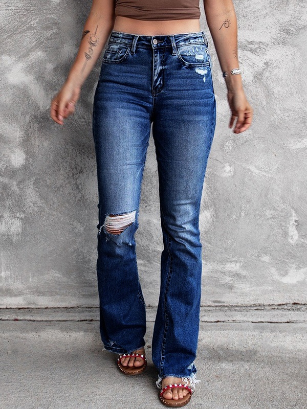 Calça jeans feminina rasgada lisa vintage casual