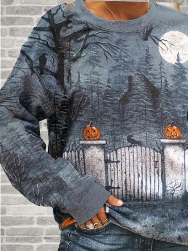 Moletom feminino externo azul claro gola careca com estampa de Halloween