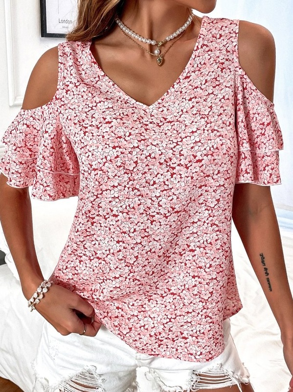 Blusa feminina casual decote V ombro a descoberto