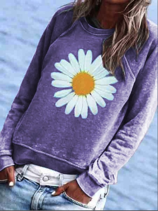 Moletom feminino casual com capuz e gola careca, estampa floral