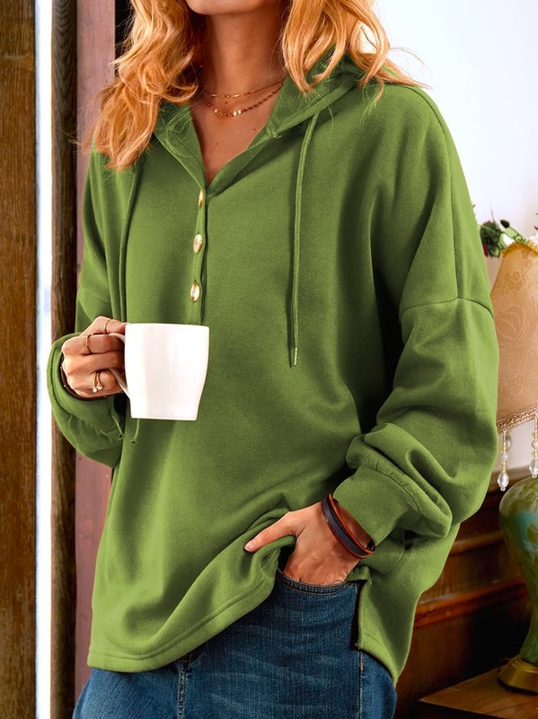 Moletom túnica feminino casual com capuz manga longa e botões