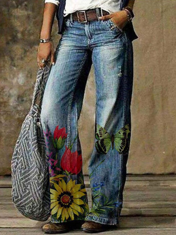 Calça jeans feminina casual solta com estampa de borboleta