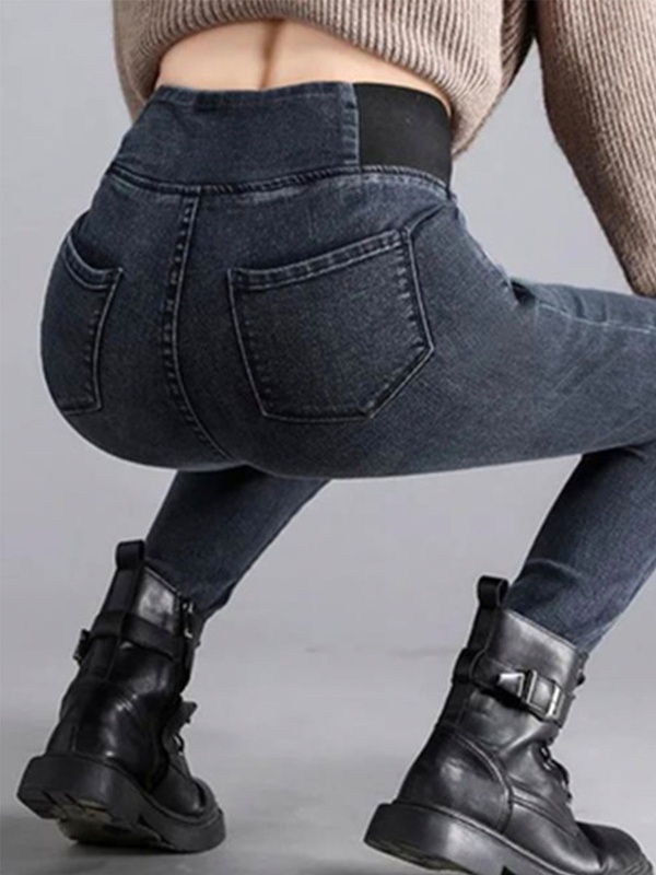 Calça jeans feminina lisa solta com cintura elástica