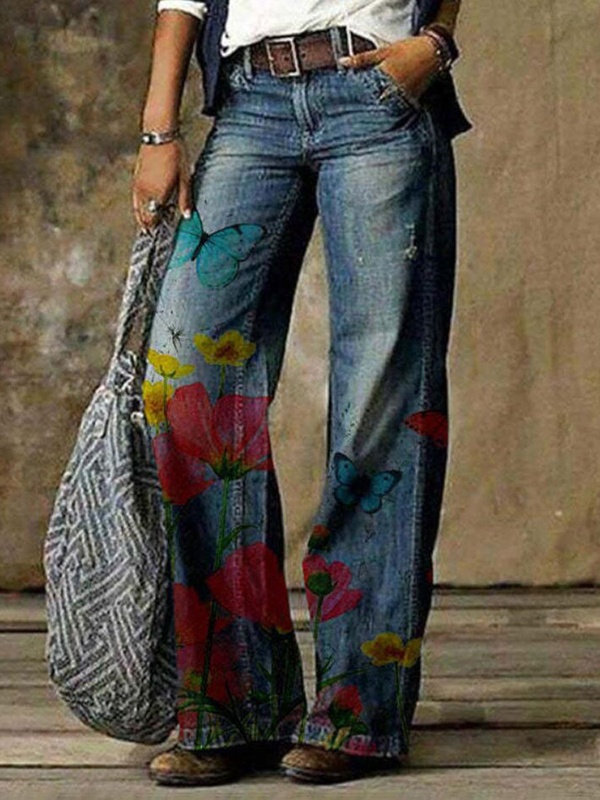 Calça jeans feminina casual solta com estampa de borboleta