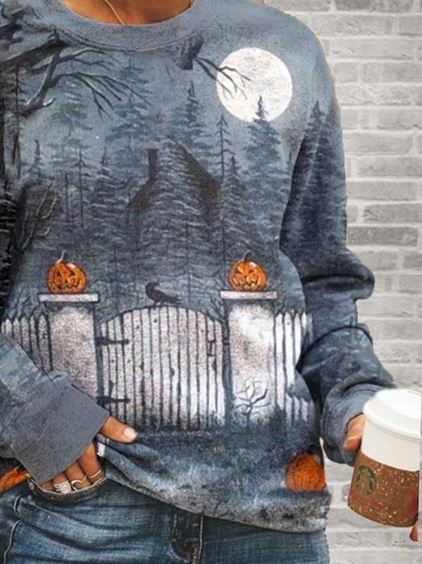Moletom feminino externo azul claro gola careca com estampa de Halloween