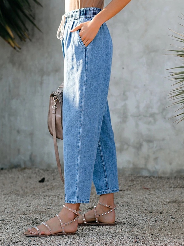 Calça jeans feminina 9/8 fashion solta com amarração, cor lisa