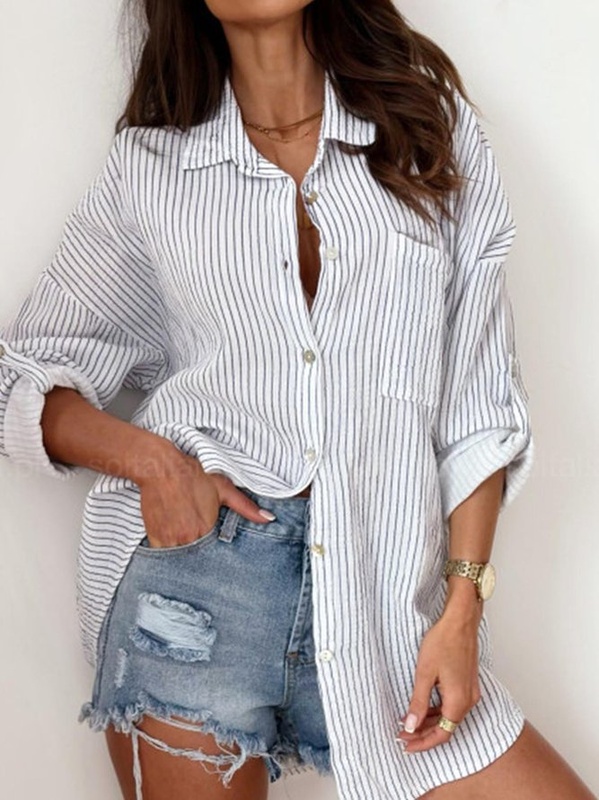 Blusa feminina casual solta listrada com gola de camisa