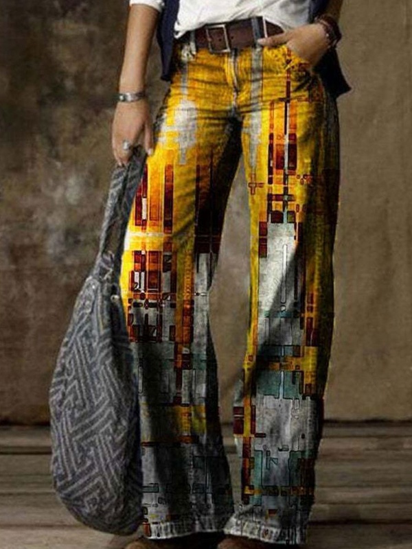 Calça jeans feminina wide leg reta casual vintage com estampa floral