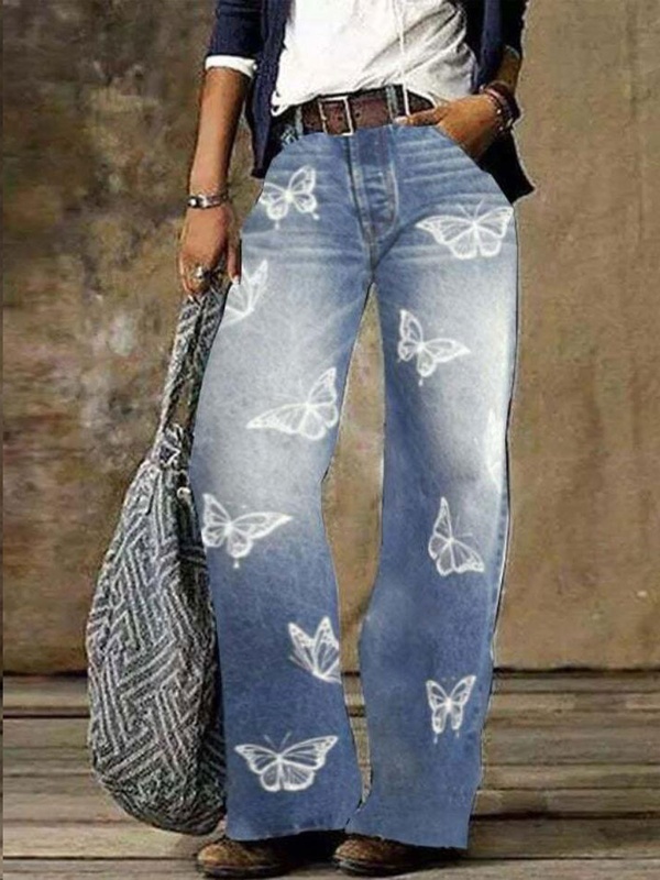 Calça jeans feminina wide leg reta casual vintage com estampa floral